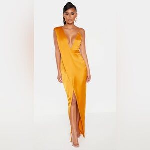 Pretty little thing mustard asymmetric drape detail maxi dress